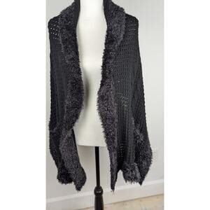 Cashmere blend stole Black. furry trim knitted open cable weave Meas23" x 48"EUC